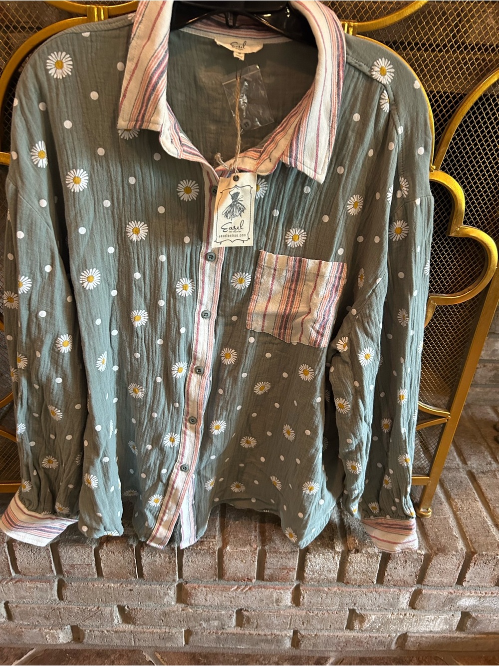 easel Olive Green Daisy Print Button-Down Shirt with Striped Trim